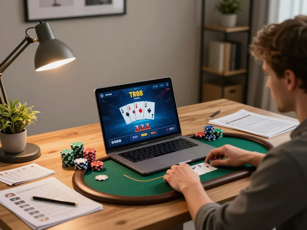 Engaged player analyzing their TR88 poker game while using a laptop at home.