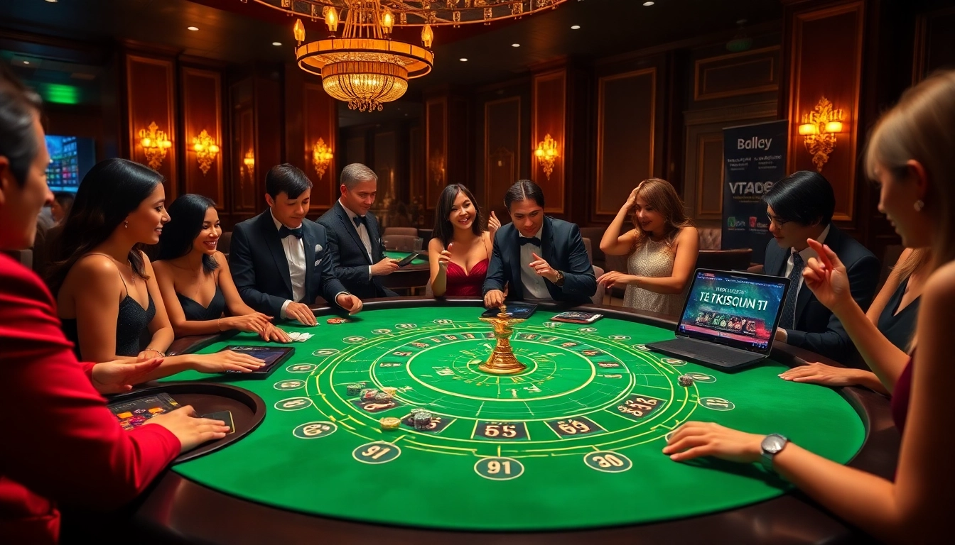 The vibrant baccarat table scene embodies the excitement of gambling at https://taixiumd5.fan/, with players engaged in strategic betting.