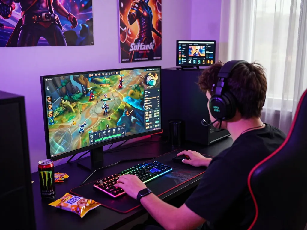 Gamer engaged in intense Sultan88 online game session with vibrant setup