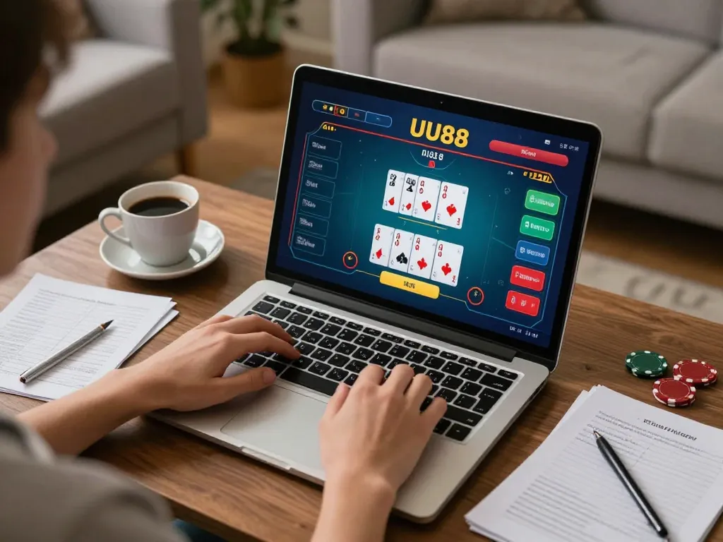 Person engaging in online poker on UU88, showing a cozy home setting with gaming strategies.