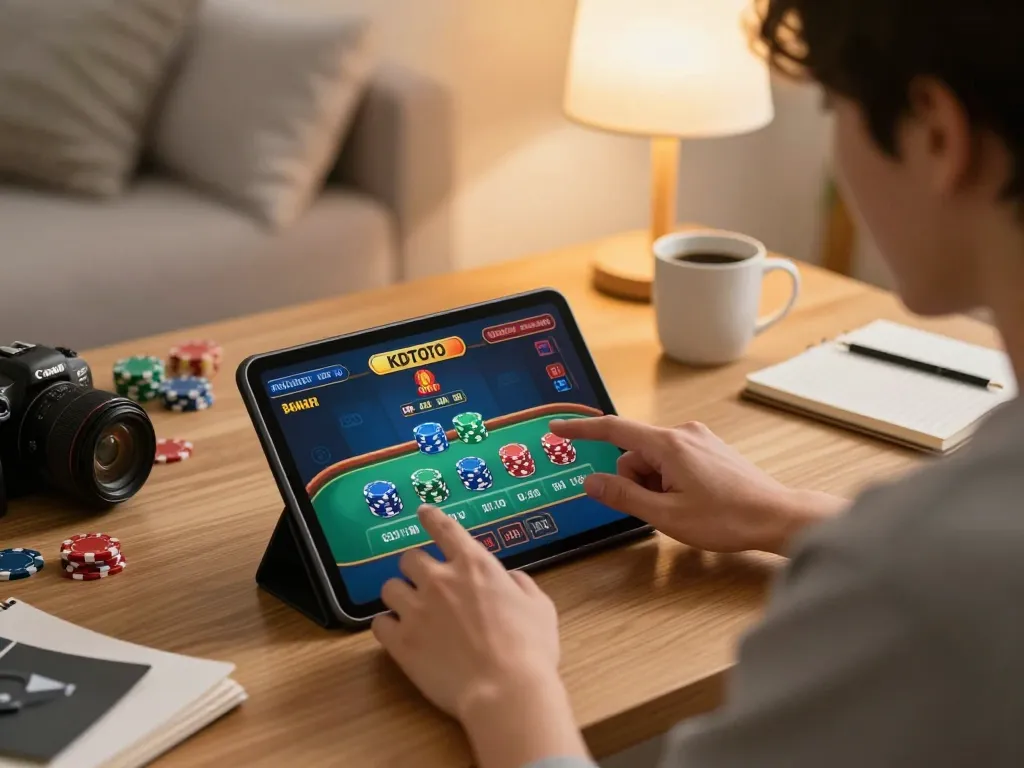 Engaging in live dealer games with KDTOTO on a tablet at home, showcasing an interactive gaming experience.