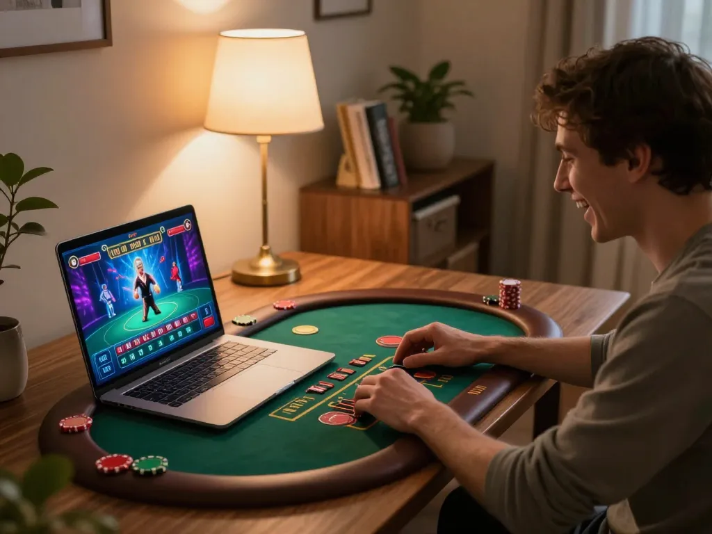 Player engaging in live dealer blackjack on luck88com in a cozy home setup