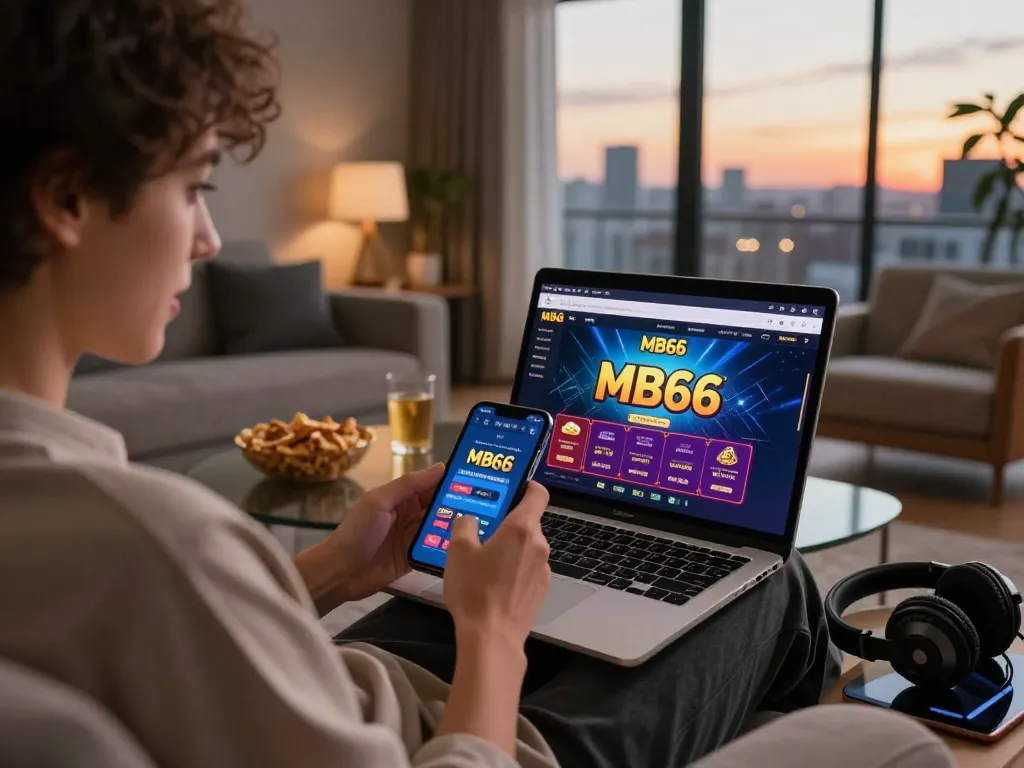Online gambling session featuring hướng dẫn mb66 on laptop and smartphone in cozy living room.
