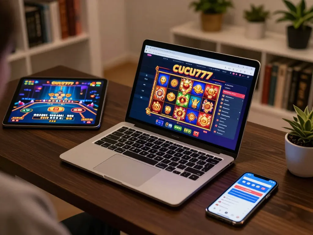 Engaging CUCU777 online gaming scene with dynamic slot interface and luxurious home setup for responsible gambling.