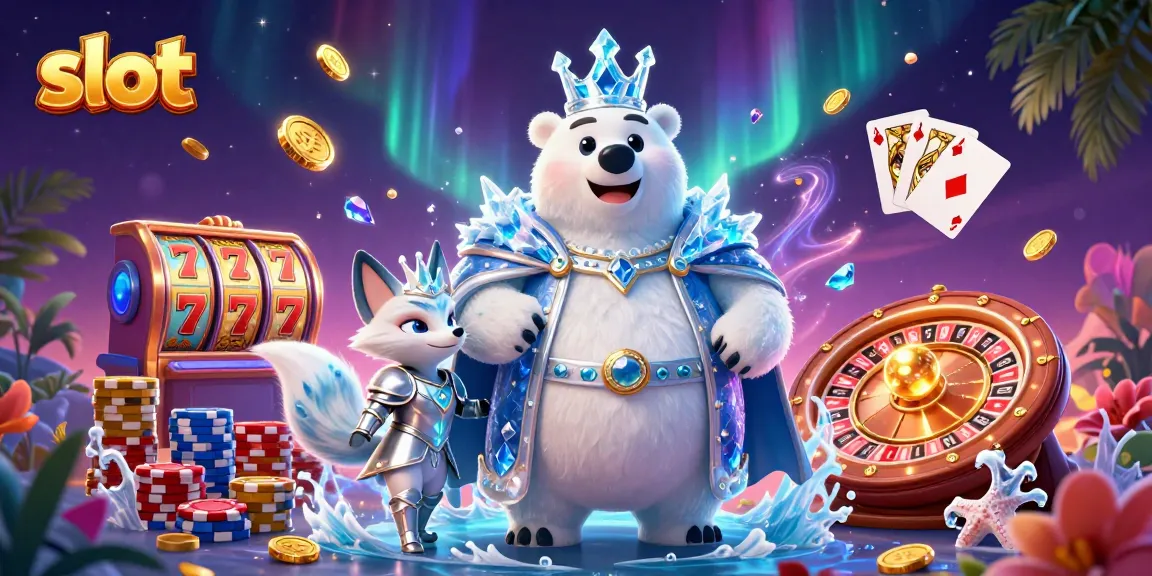 Engage with the slot gaming thrill as a polar bear king spins reels while treasures cascade around.