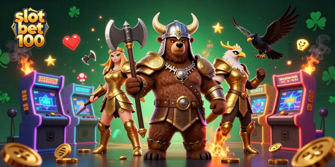 Experience thrilling gameplay with slot bet 100 featuring Viking and Valkyrie characters amidst vibrant arcade elements.