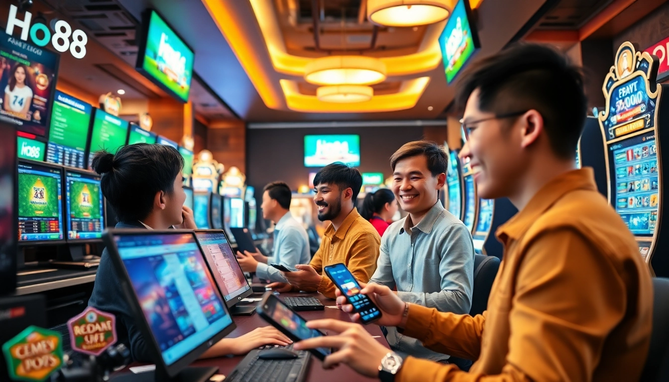 Exciting gaming scene showcasing Ho88's online platform with diverse players engaging in various betting activities.