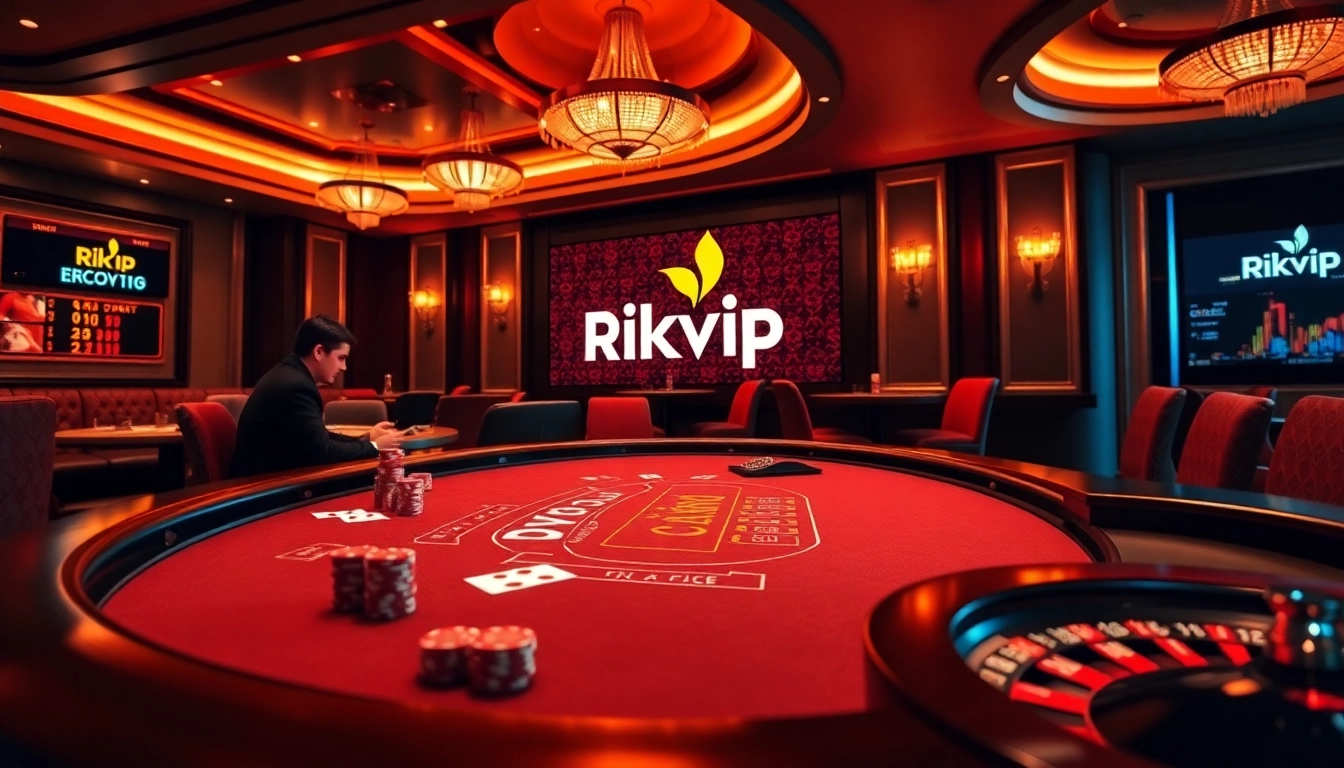 Experience the thrill of Rikvip with players at a blackjack table in a luxurious casino setting.