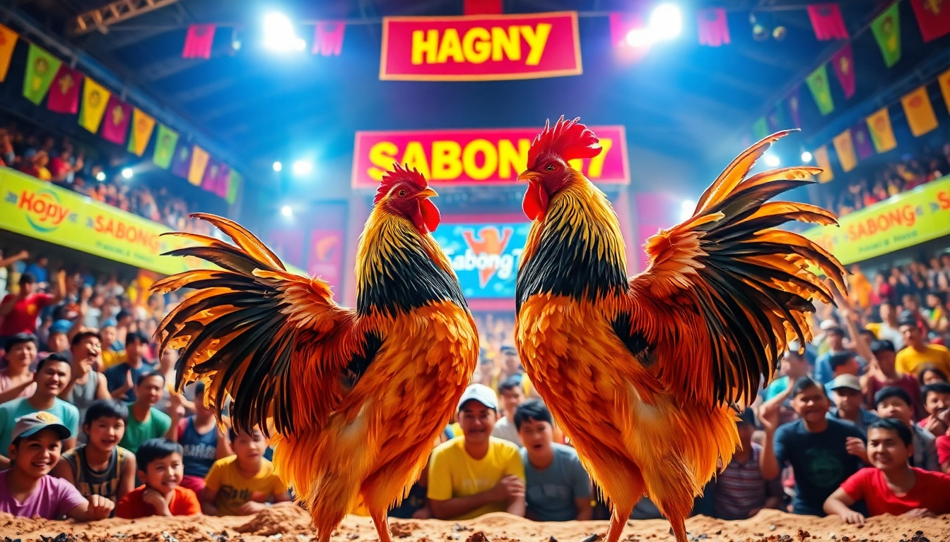 Exciting live sabong 67 event with cheering crowd and vibrant fighting cocks.