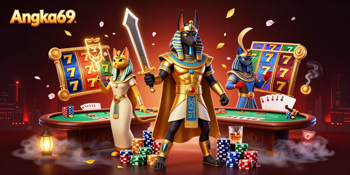 Experience Angka69 with vibrant slot reels and dynamic characters in an immersive casino scene.