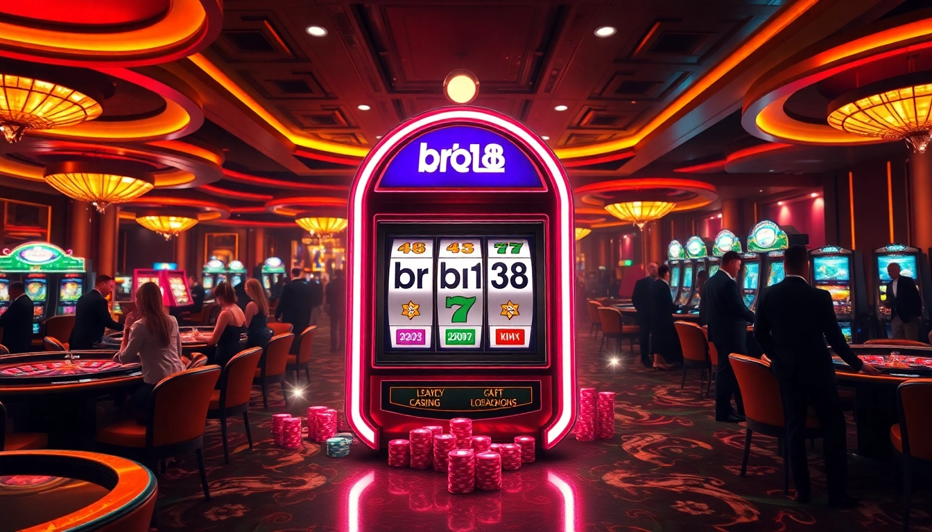 Players enjoying the thrill of gambling at a luxurious casino featuring bro138 slot machine.