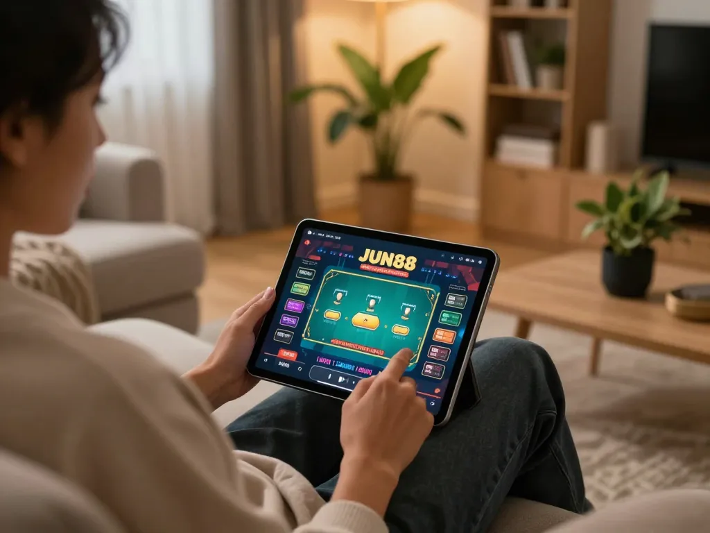 Engaging gameplay on the JUN88 app in a cozy home setting, showcasing strategic online gaming.