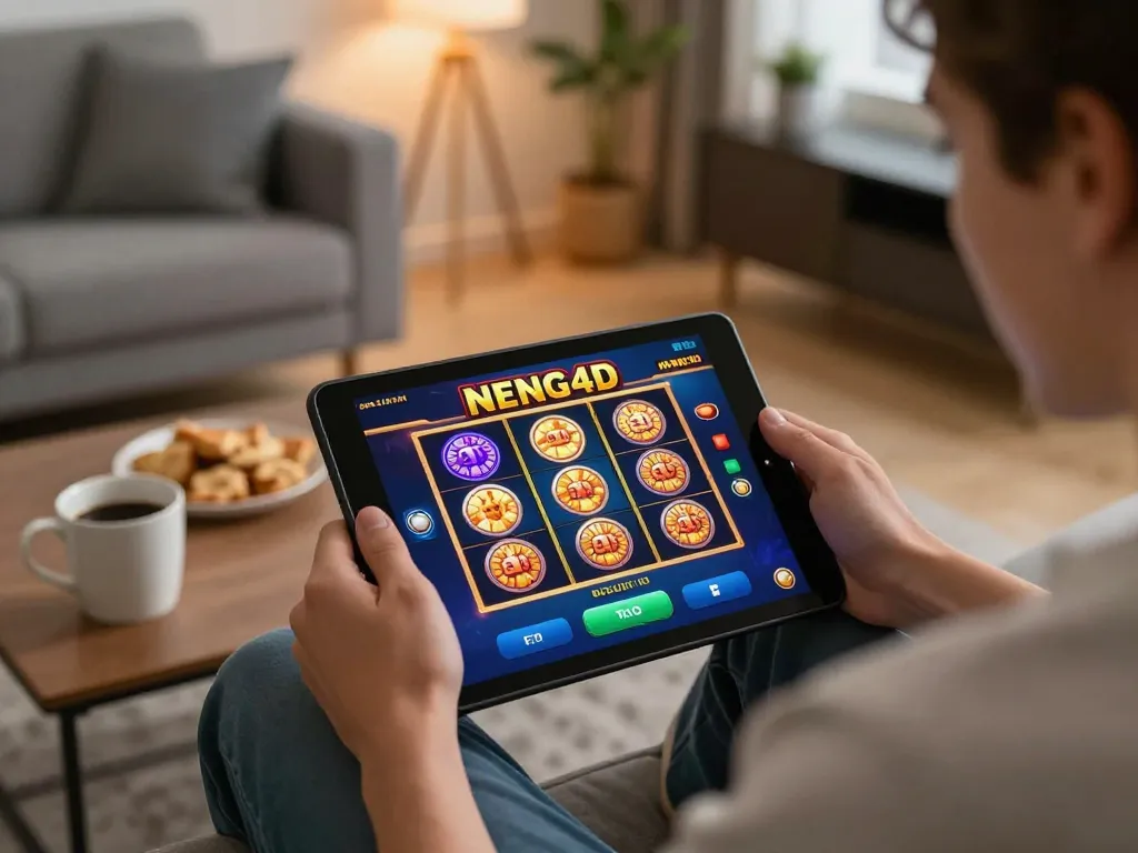 Player engaging with NENG4D slot game on tablet in cozy home setting, emphasizing strategic gameplay.