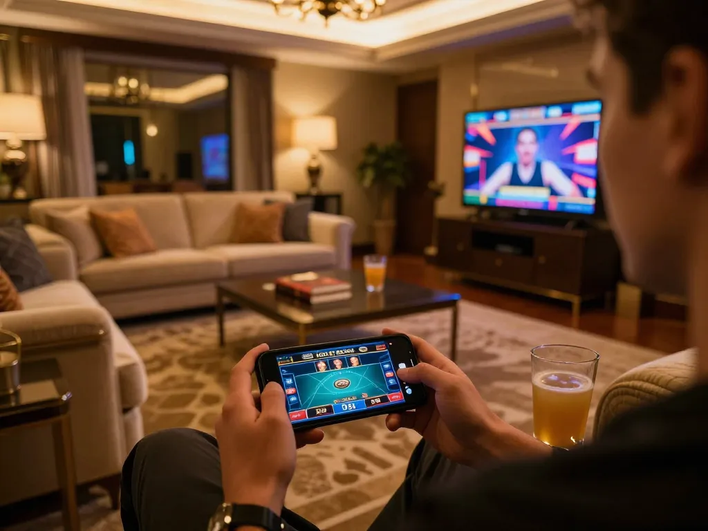 Player engaging with HD88 mobile app for live dealer games in a cozy homely environment