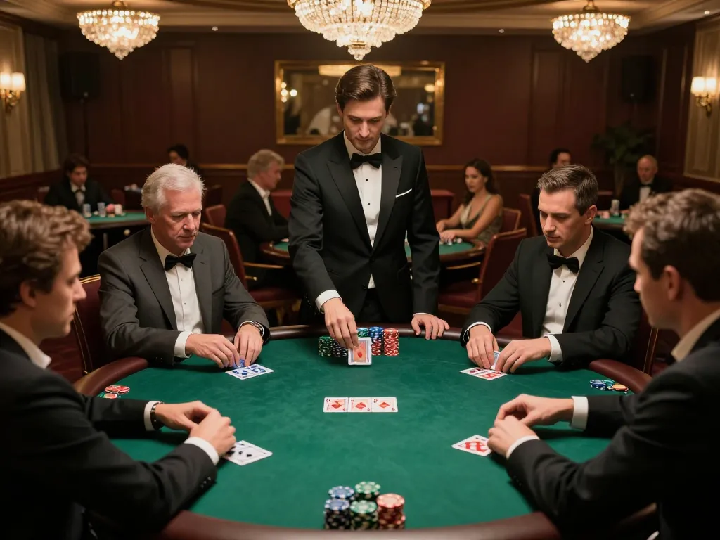 FABET players strategizing during an elegant poker game in a luxurious casino