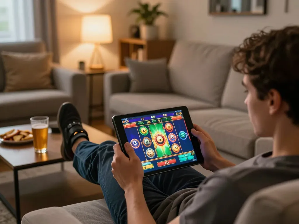 Player enjoying mobile slots at home with https://rr88.navy/ showcasing exciting graphics and cozy ambiance.