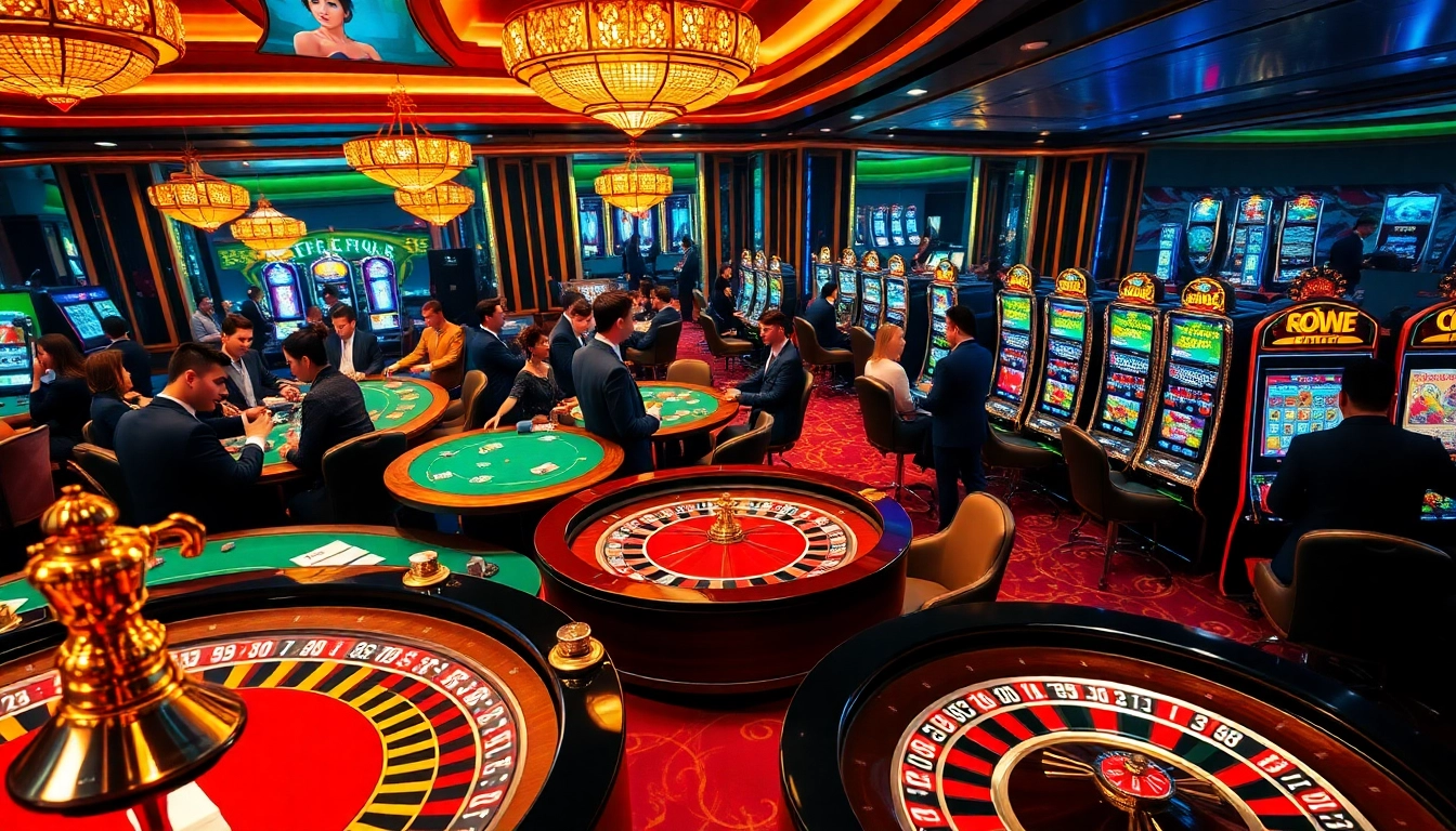 Experience the excitement of online gambling at https://f168.vision/ with players at poker tables and colorful casino elements.
