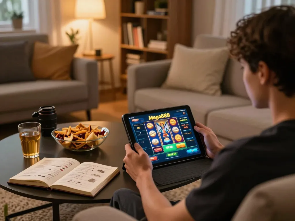 Player enjoying free credit mega888 while gaming at home on a tablet.