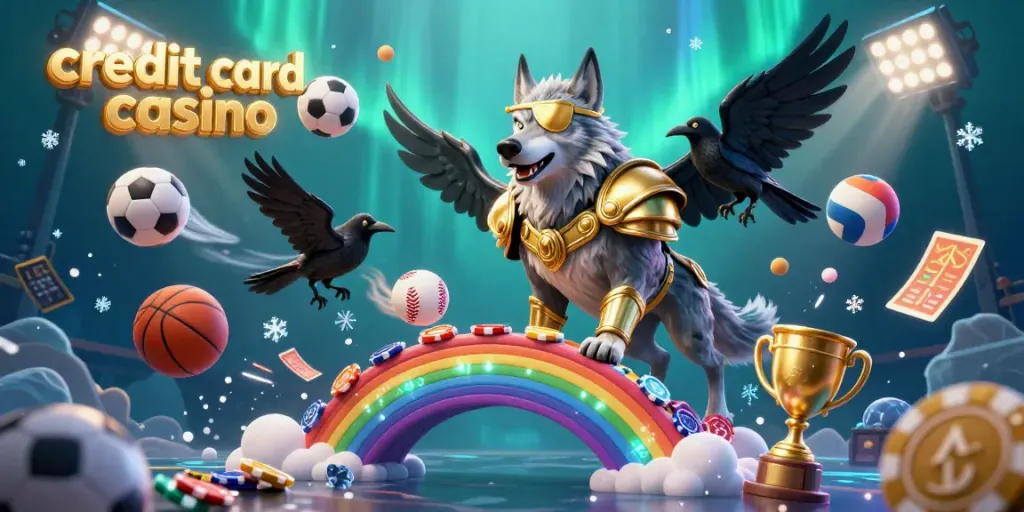 A vibrant scene featuring a credit card casino with a Norse-inspired wolf and ravens among Casino chips and sports elements.
