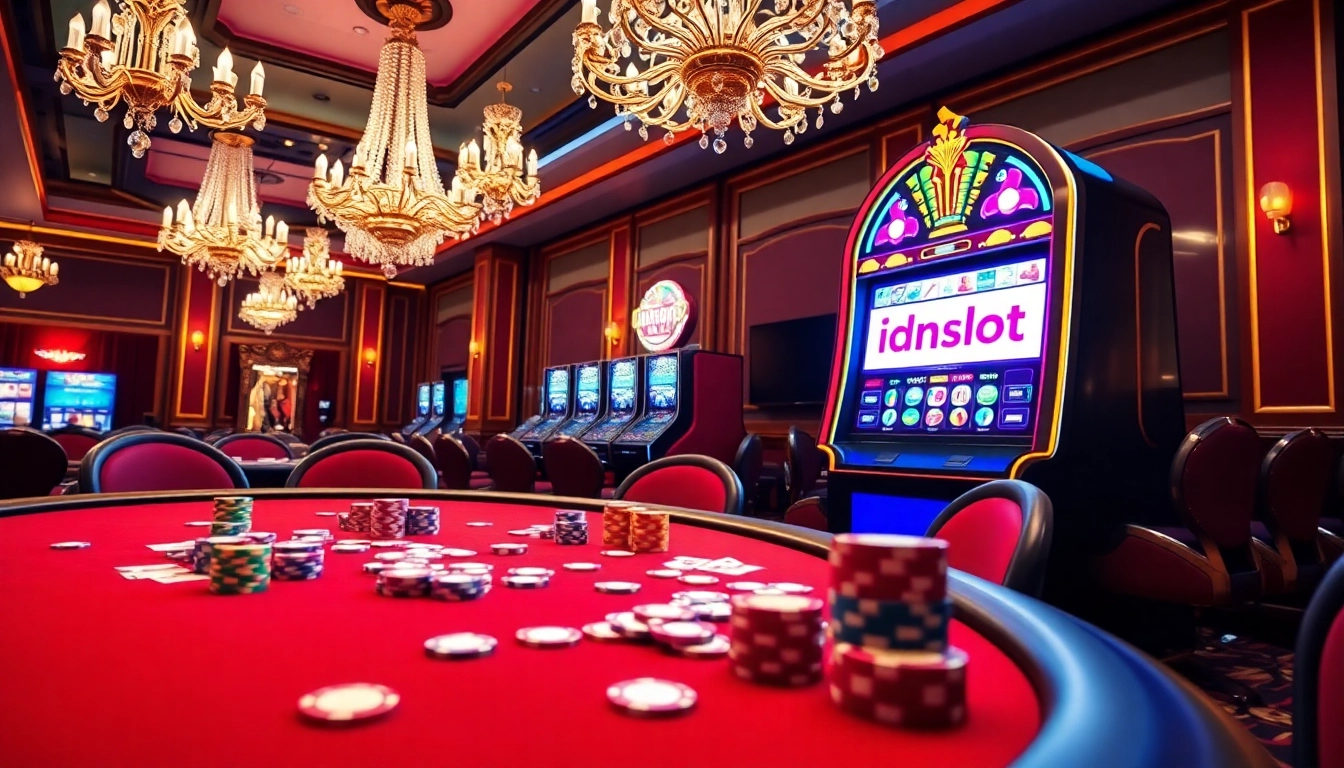 Engaging scene of a vibrant casino featuring idnslot elements, poker chips, and a digital interface.
