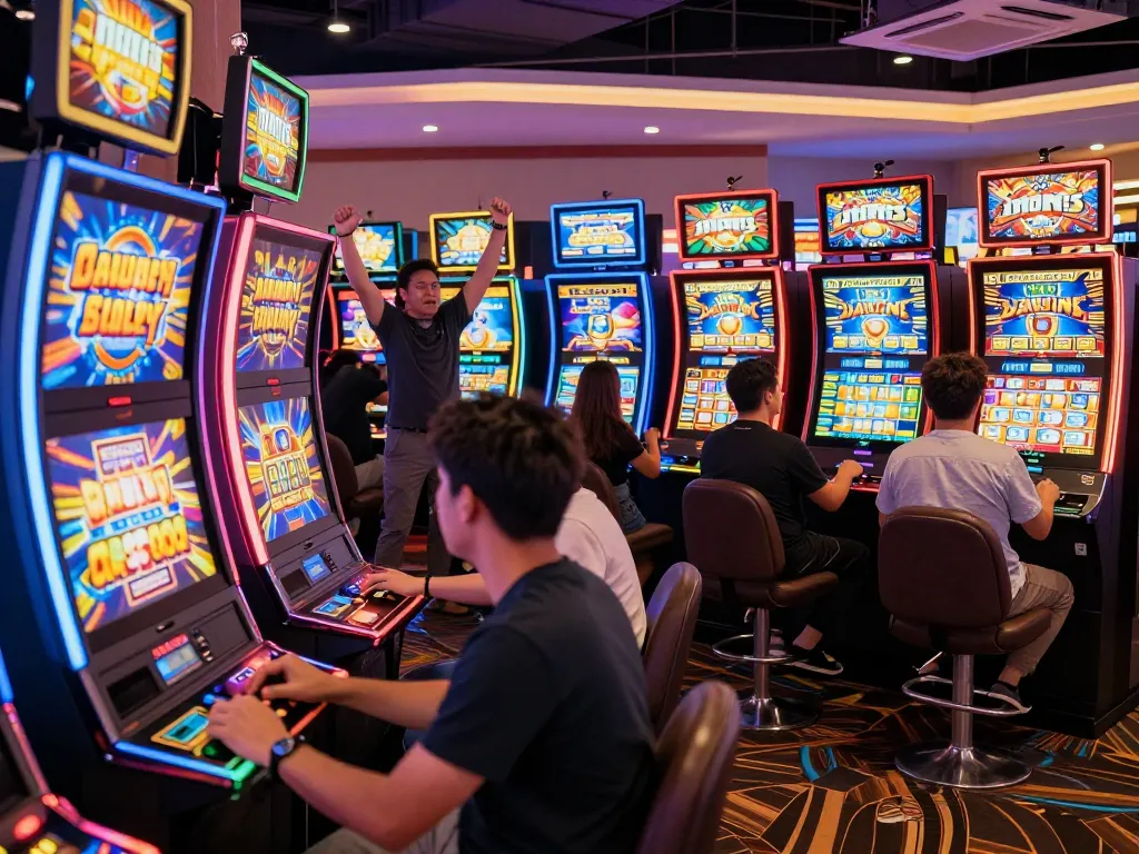 Players celebrating wins at Go88 slot machines in a vibrant casino atmosphere