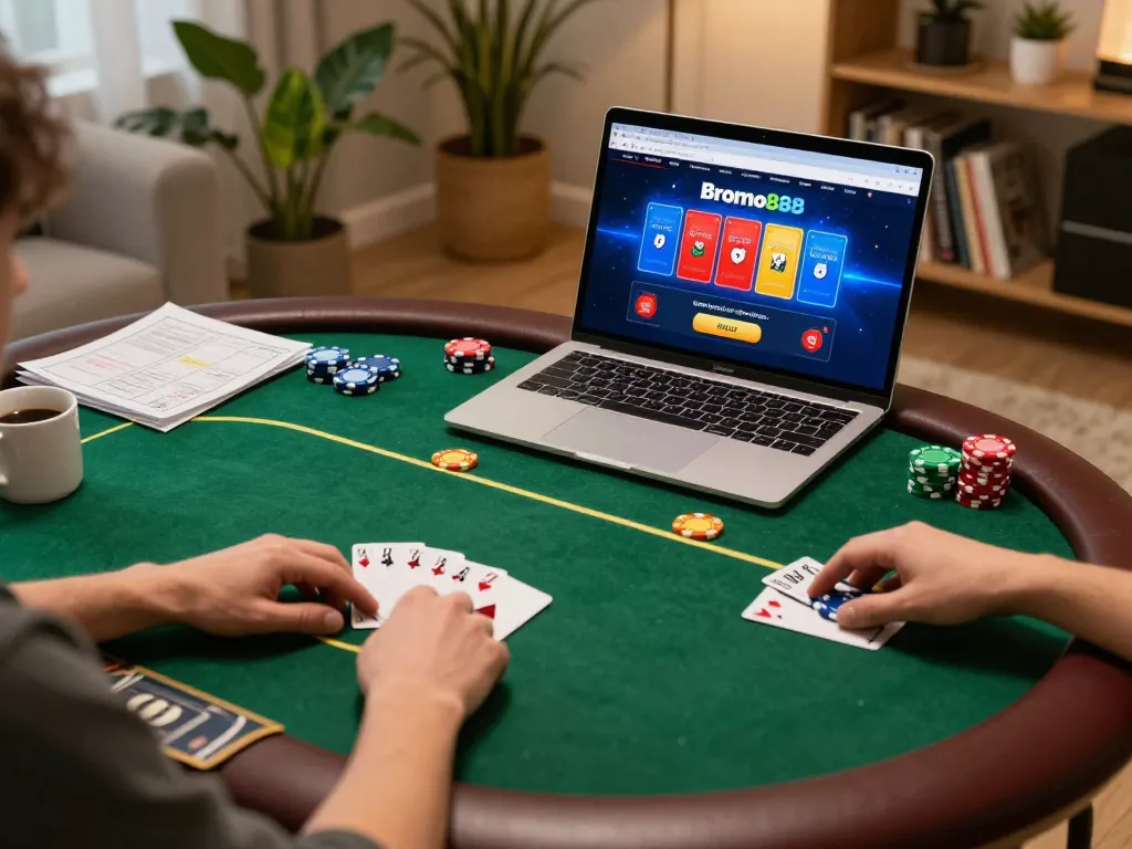 Engaging in poker gameplay on bromo888 with cards and chips visible in a cozy home setting