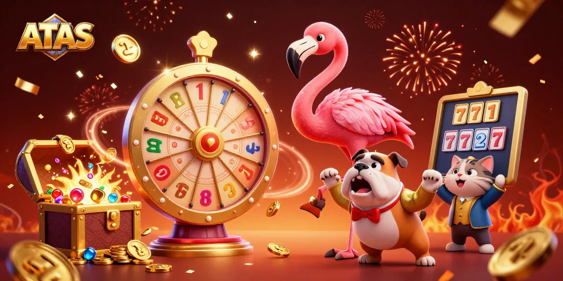 Engaging scene from ATAS casino with a game show host flamingo turning a prize wheel, surrounded by slot game elements and festive effects.