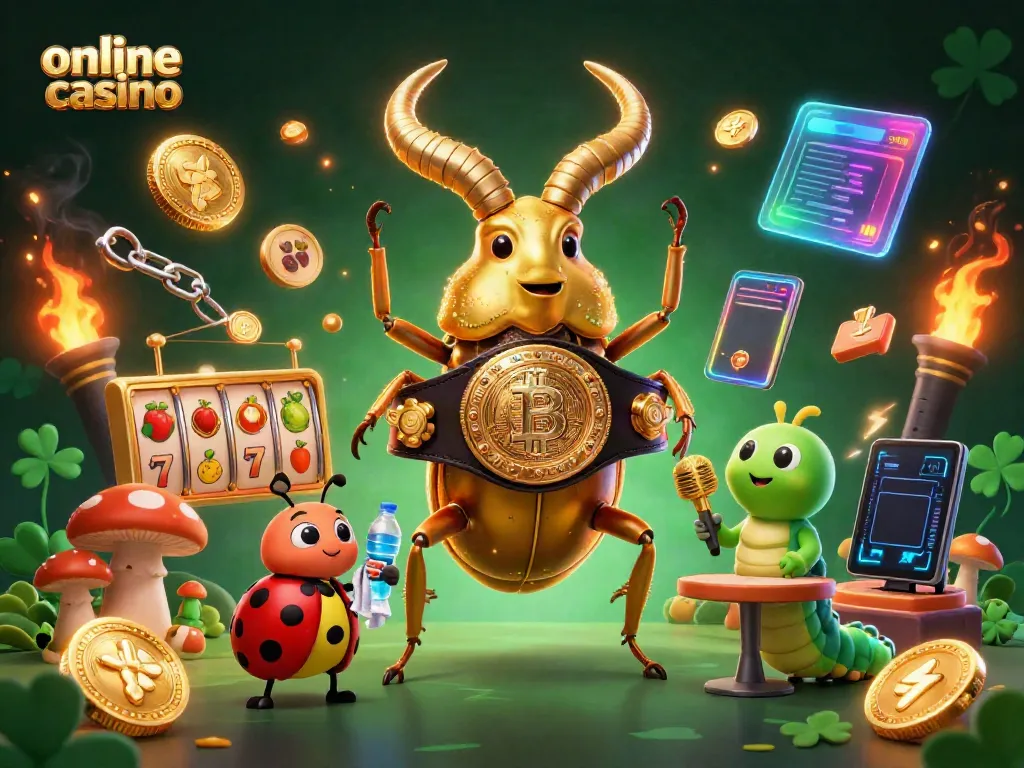 Engage in thrilling online casino action with vibrant slot games, featuring a dynamic illustration of a golden stag beetle champion.