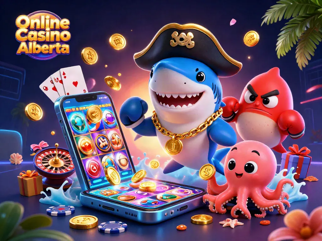 Play thrilling games at Online Casino Alberta, featuring vibrant characters like a shark and pufferfish.