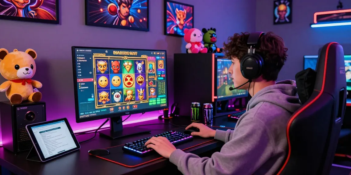 An engaged gamer enjoying Bonus Buy Slots at cocomaya.co.uk, surrounded by vibrant gaming memorabilia and a sleek gaming setup.