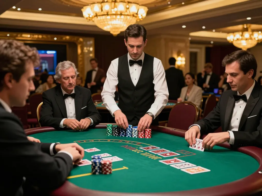 Players engaged in SC88 blackjack strategy at a luxurious casino table with dealers and chips.
