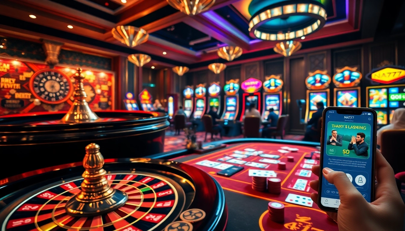 Players strategizing at a luxurious poker table, showcasing NA777 gaming experience with vibrant slot machines in the background.
