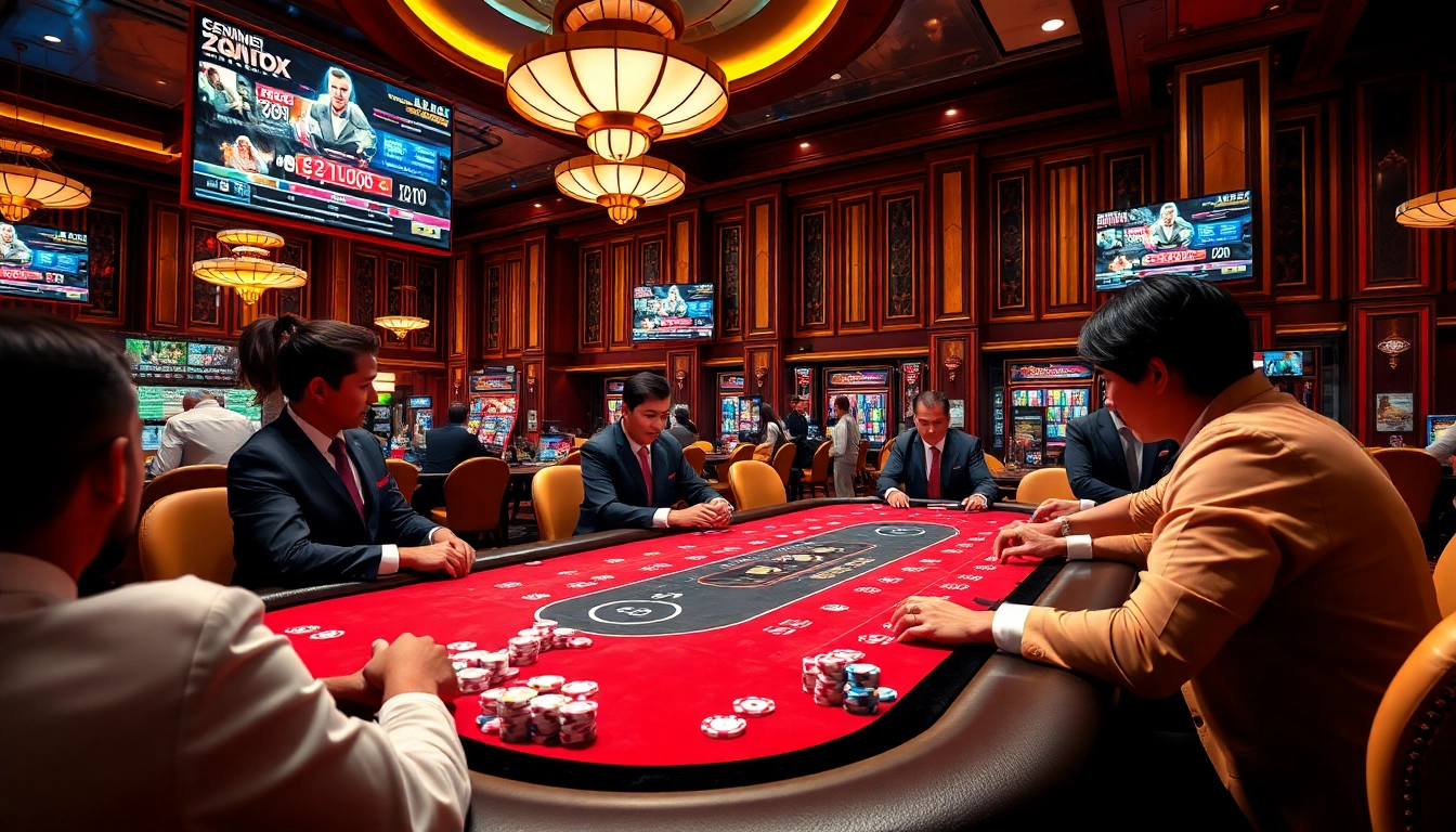 Lazadatoto players enjoying a thrilling poker game at a luxurious casino table.