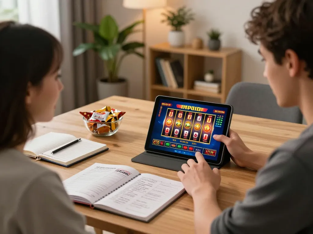 MPOID online gaming session with an individual enjoying vibrant tablet casino games and strategy notes.