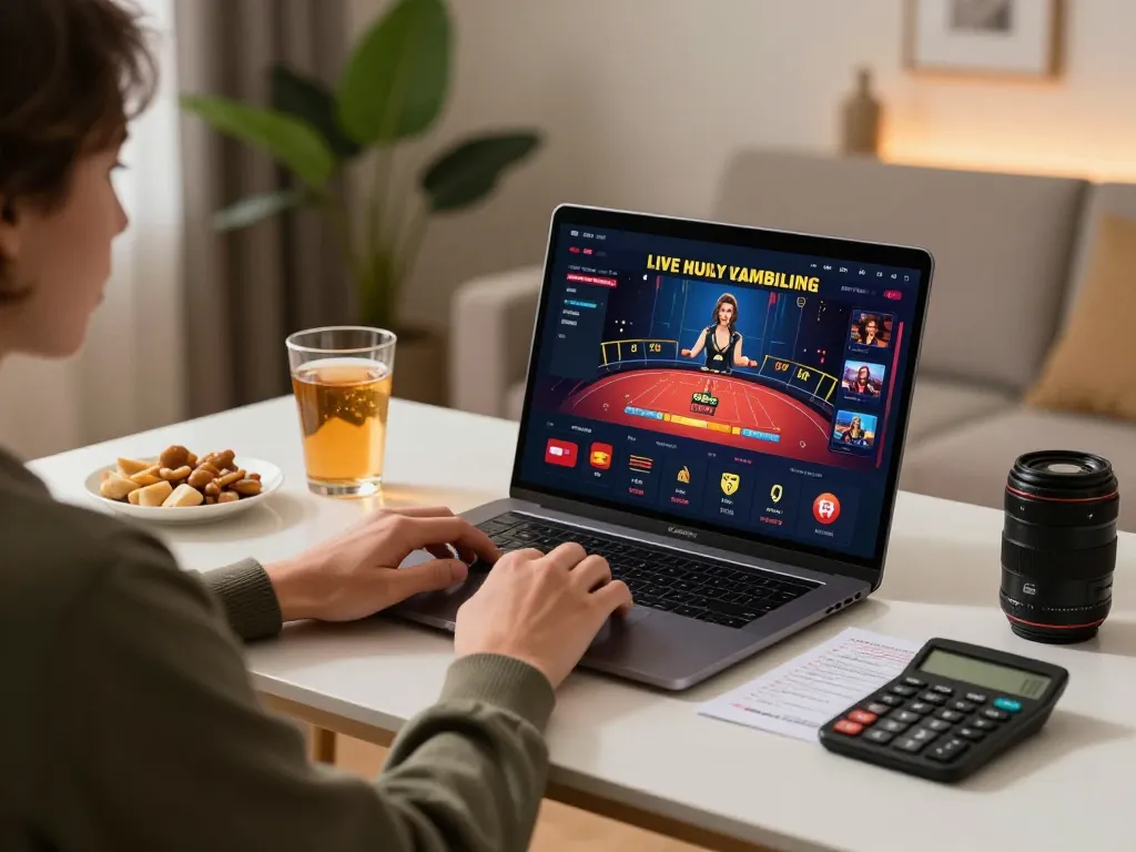 Engaged player using MM88 online casino app on laptop in a cozy home setting