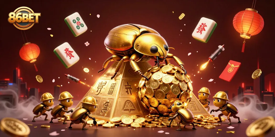 Engage with 86BET’s thrilling gaming scene featuring golden beetles, vibrant symbols, and casino excitement.