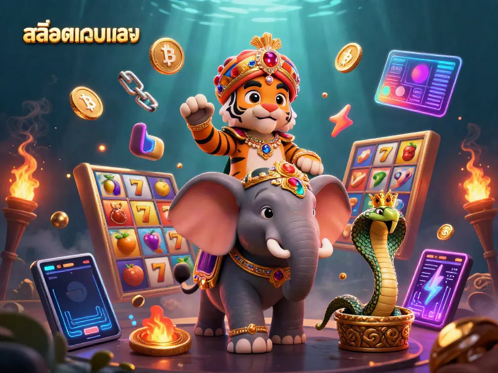 Engaging scene highlighting สล็อตเว็บตรง with a maharaja tiger, elephant, and cobra among vibrant slot reels.