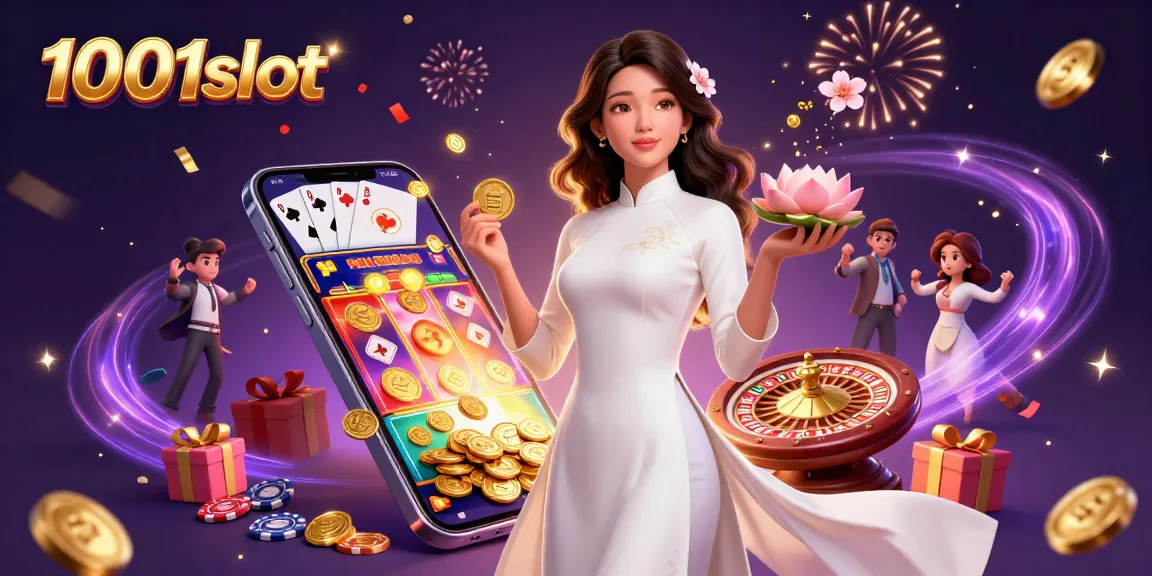 Experience the excitement of 1001slot with a vibrant digital illustration featuring a serene woman holding symbolic items amidst casino elements.