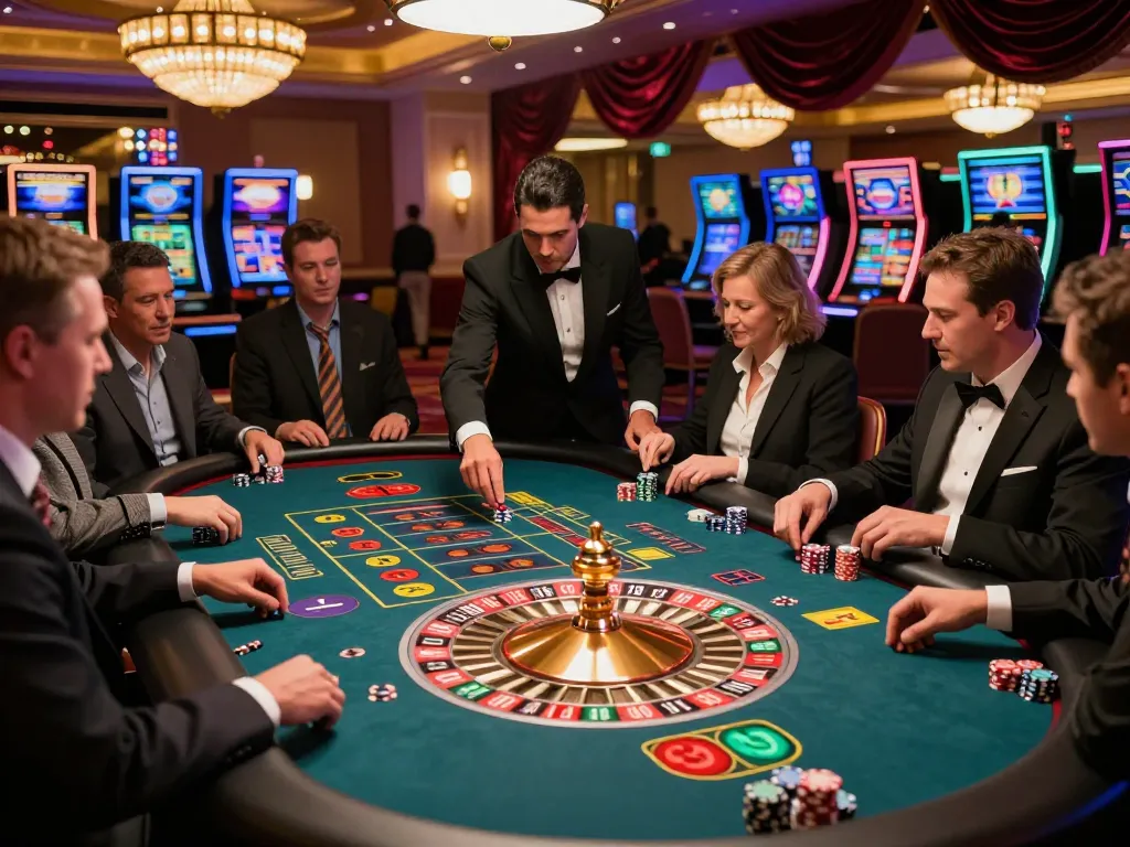 Excited players engaging in a roulette game at cm88 casino, placing bets with colorful chips.