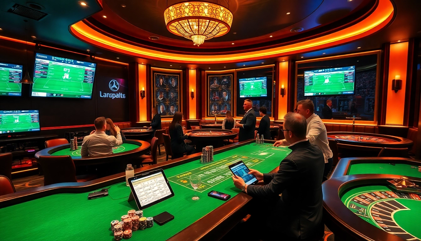 Excited gamblers placing bets on football matches in a luxurious sports betting lounge while engaging in แทงบอล.