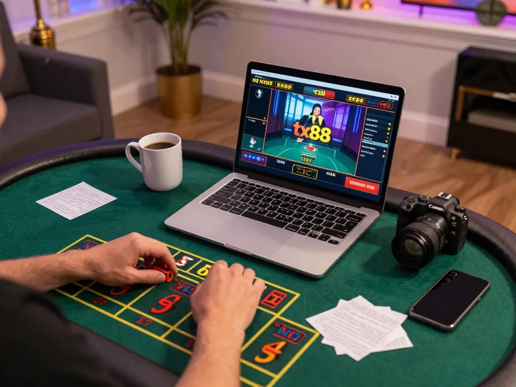 Player engaging in an online dealer game at home with tx88 displayed, showcasing strategic gameplay.