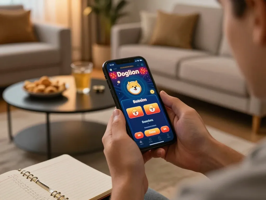 Engage in Dogecoin gaming excitement featuring a player using a mobile casino app at home.