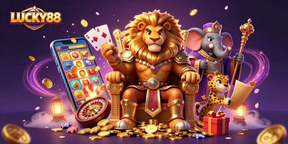 LUCKY88 slot game features a lion king, elephant advisor, and cheetah messenger amidst casino elements.