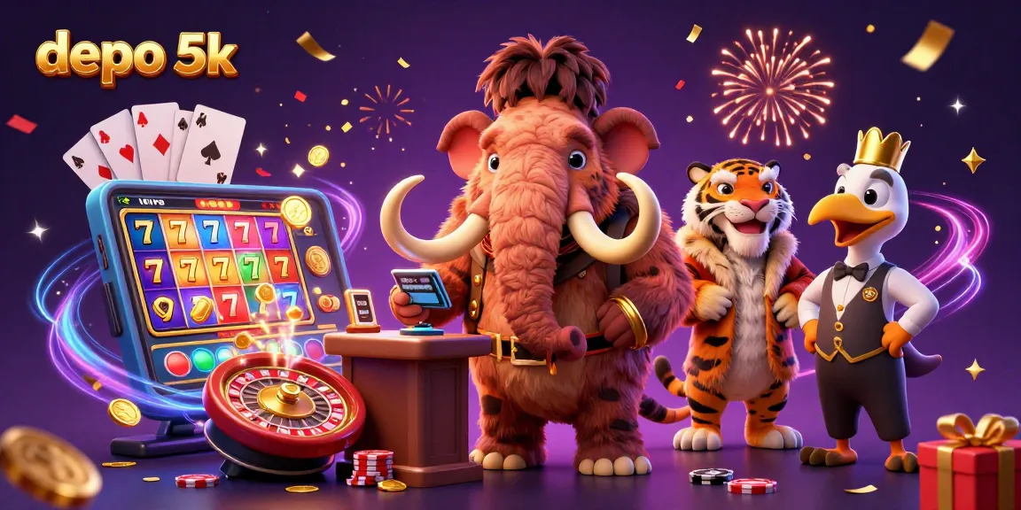 Celebrate winnings at dep 5k with cartoon characters enjoying slots and casino games in a vibrant scene.
