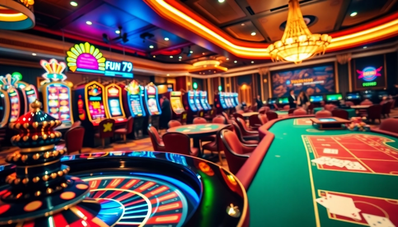 Engaging online gaming scene at FUN79 with poker tables and vibrant slot machines.