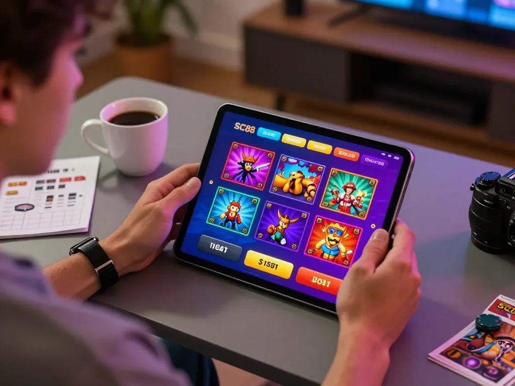 Player engaging with the SC88 app for immersive mobile gambling experience at home.