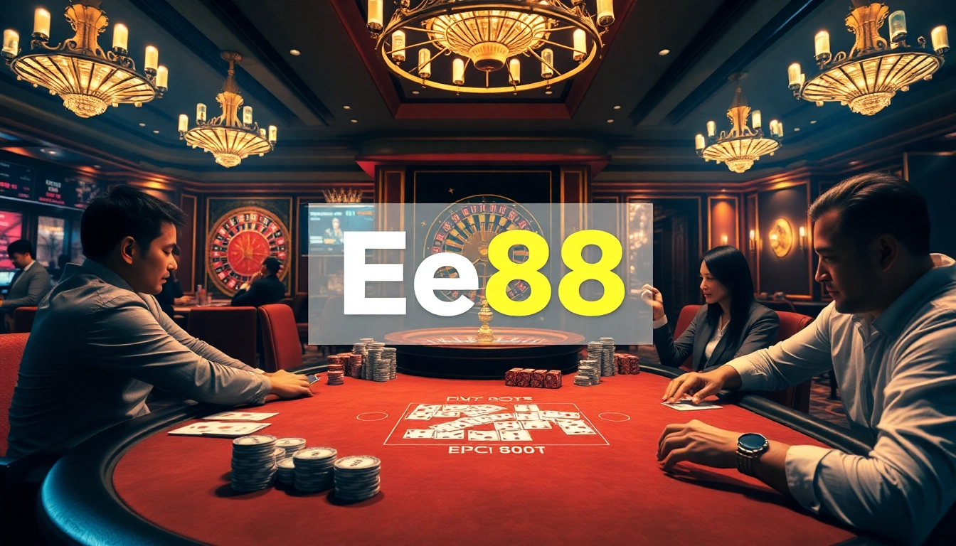 Engaged players enjoying poker at an EE88 casino table, showcasing high-stakes excitement and strategic gameplay.