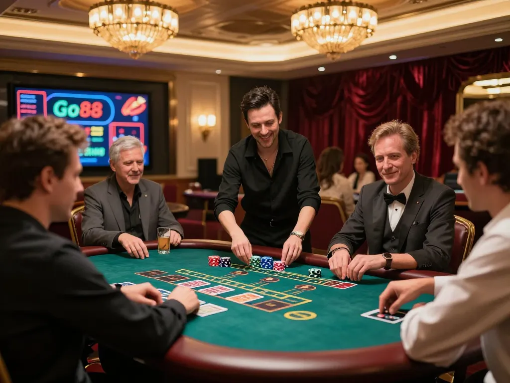 Active gameplay at Go88's live casino, vibrant table action with players and dealer engaged