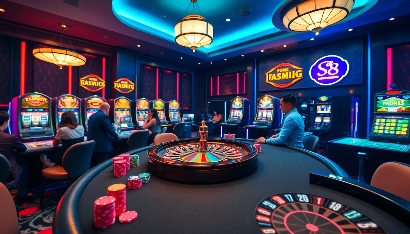 S8 casino scene with players enjoying poker at a vibrant table, showcasing excitement and strategy.