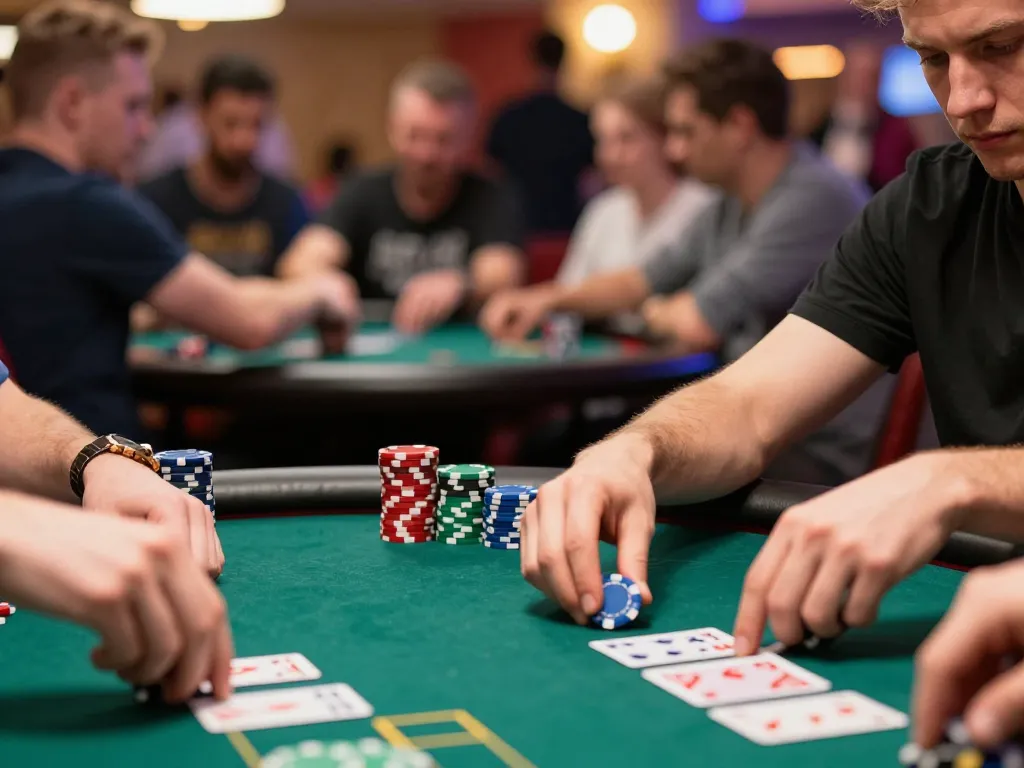 32win player focuses intently on poker strategy, ready to make a winning move at the casino table.